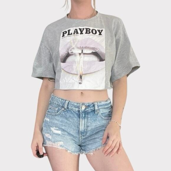 Playboy x Missguided Grey Cropped Short Sleeve Graphic Tee - Picture 1 of 7